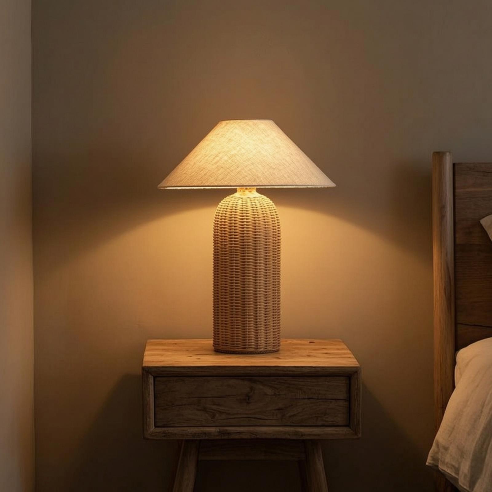 Bedside Lamp Rattan Base Fabri - Desk Lamp ulasan dan harga