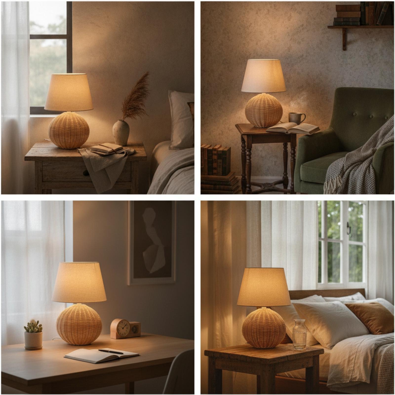 Bedside Lamp Rattan Base Fabri - Desk Lamp ulasan dan harga