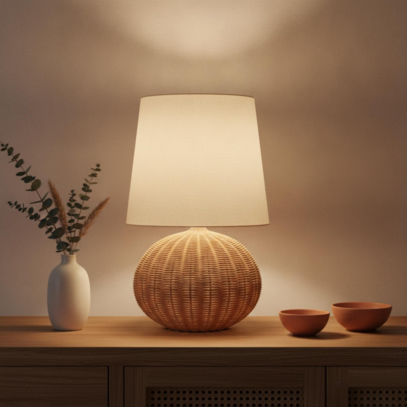 Bedside Lamp Rattan Base Fabri - Desk Lamp ulasan dan harga
